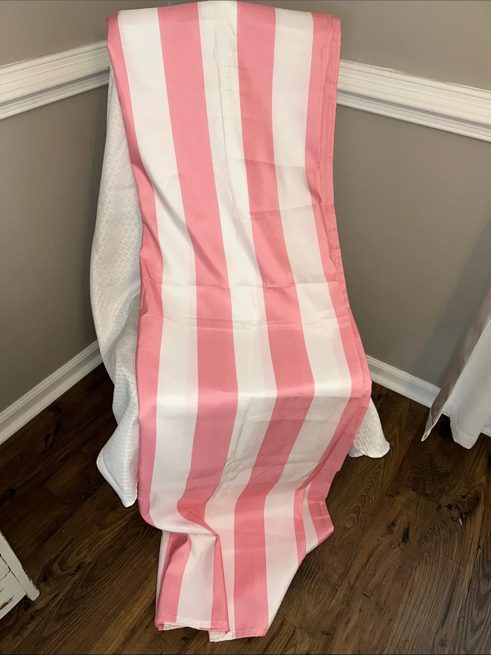 Pink Cabana striped shower curtain. Standard size
